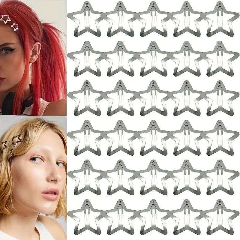 2/50pcs Y2K Silver Star Hair Clips for Girls Filigree Star Metal Snap Clip Hairpins Barrettes Hair Jewelry Nickle Free Bobby Pin