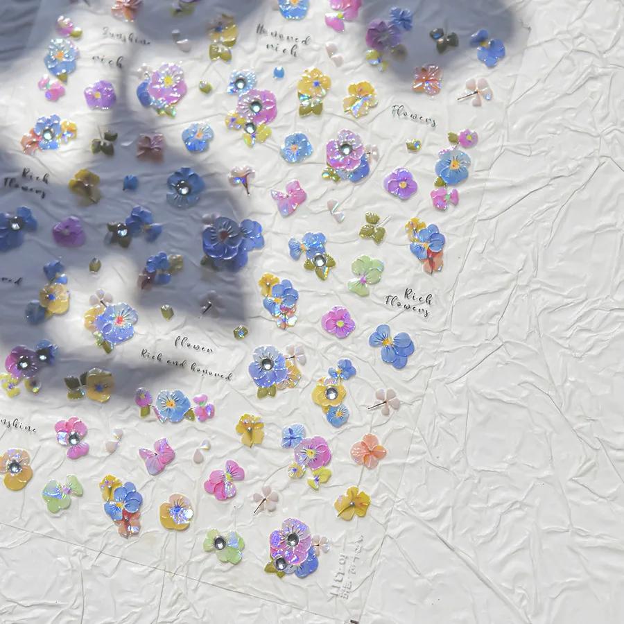 Charming Petal Flower Colorful Wildflowers Daisy Leaves 5D Relief Self Adhesive Nail Art Sticker Decoration Manicure Decal DIY
