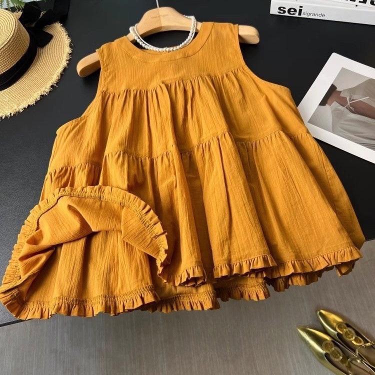 2026 Summer Korean Fashion: Versatile Green Ruffled Sleeveless Top for Women XXS