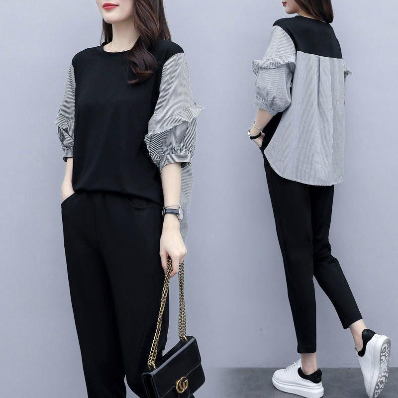 Plus Size Women's Summer Style Fat Girl Casual Loose Slimming Belly-covering Striped Two-piece Set