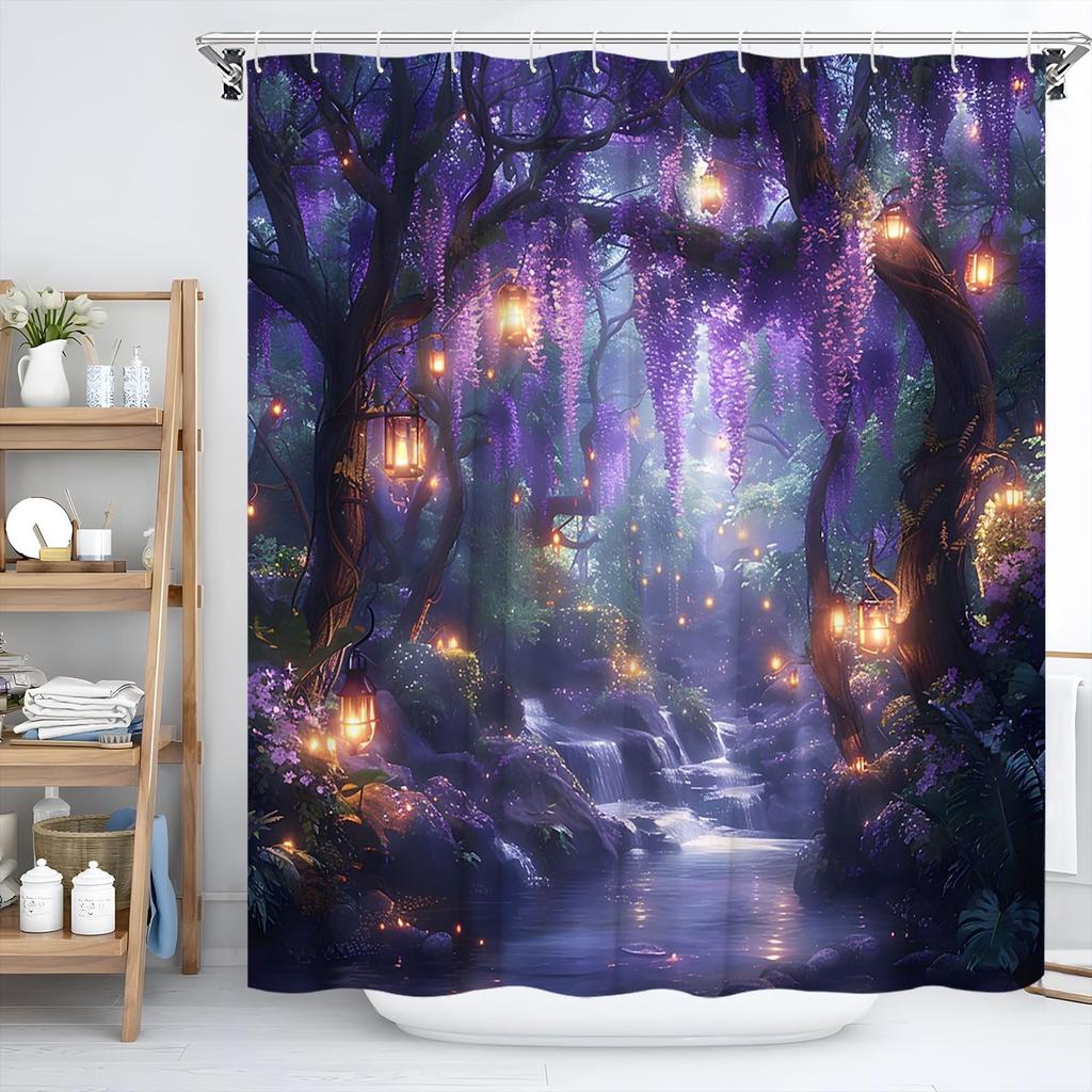 Purple Wisteria Flower Shower Curtain Enchanted Forest Waterfall Print Waterproof Fabric Machine Washable Durable For Allseasons