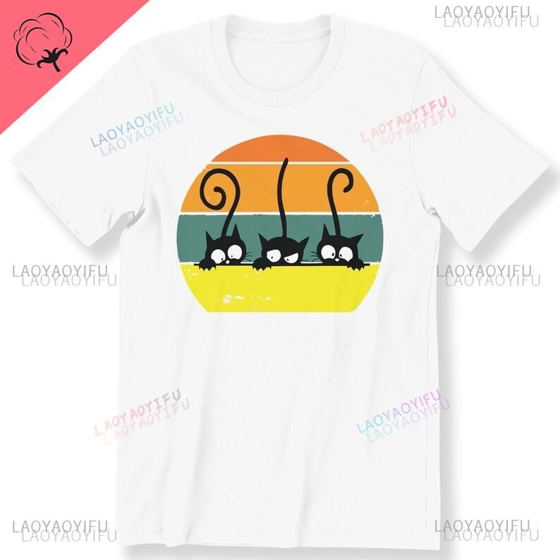 Three Cat Retro for Men Women and Kids Printed Tshirt Black Cute Cats Retro Cat Lovers Top Graphic Tee Retro Cotton Streetwear
