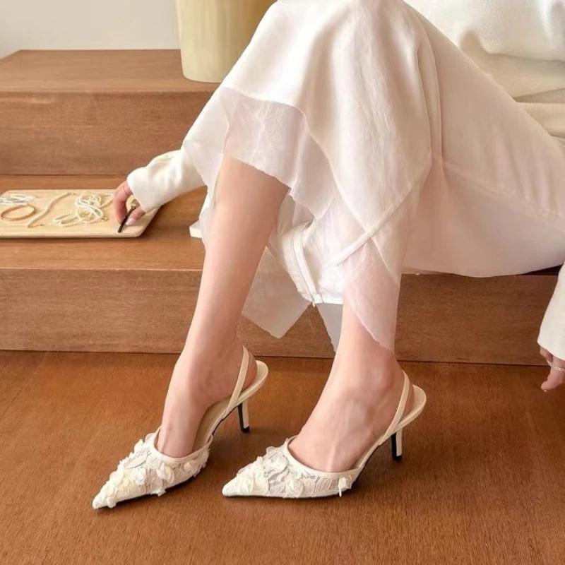 White Women Wedding Pumps Mesh Embroidered Flowers Back Strap Sexy Slingback High Heel Dress Shoes for Ladies