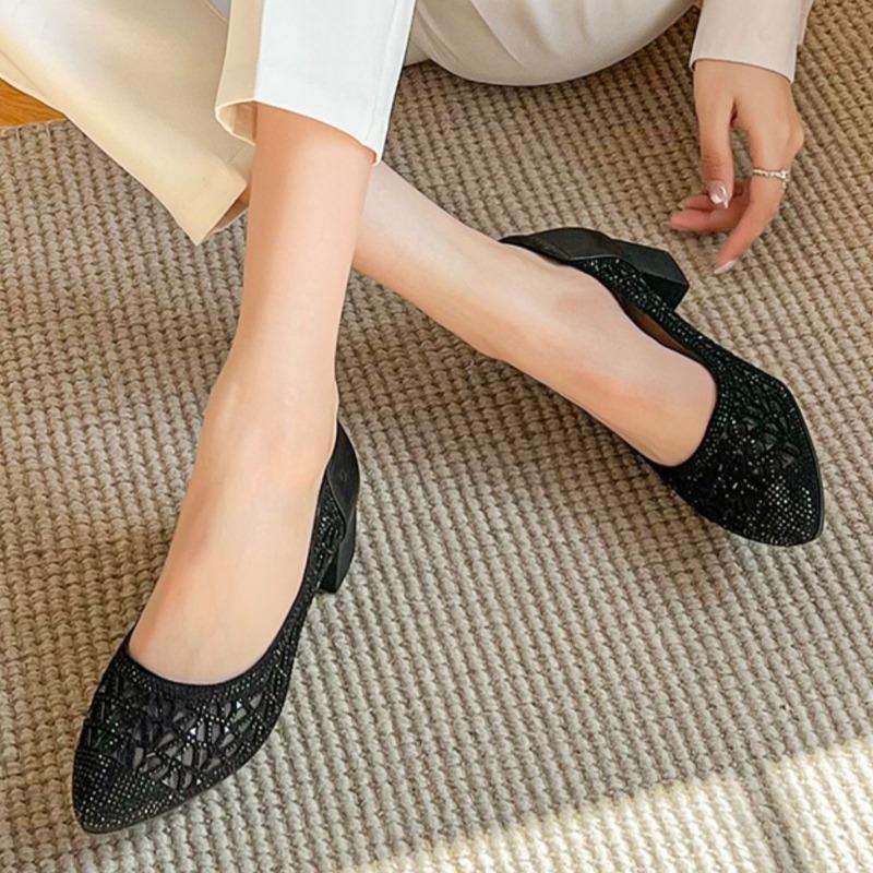 Spliced Mesh Breathable Rhinestone Heels Autumn New Round Toe Shallow Mouth Cover Foot Non-Slip Wear-Resistant Single Shoes