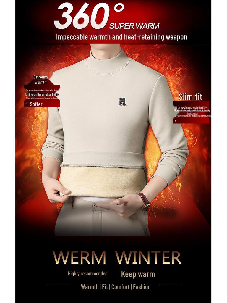 Men's Winter Fleece-Lined Casual High Collar Sweatshirt - Dad's Warm Base Layer Top