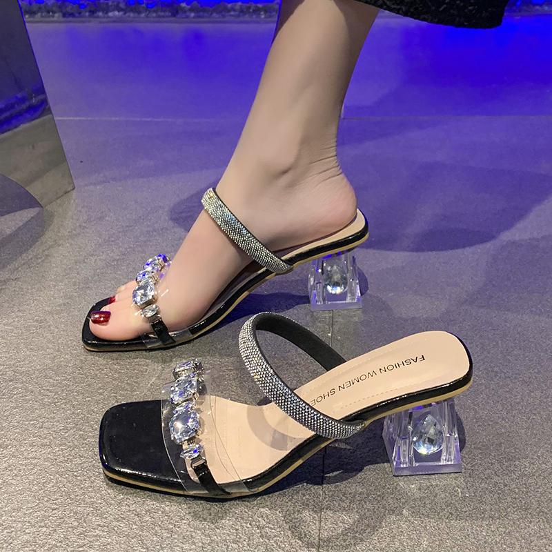 Women's slippers 2024 summer fashion Transparent belt metal decoration box shaped square Alien heel high heels wearing sandals