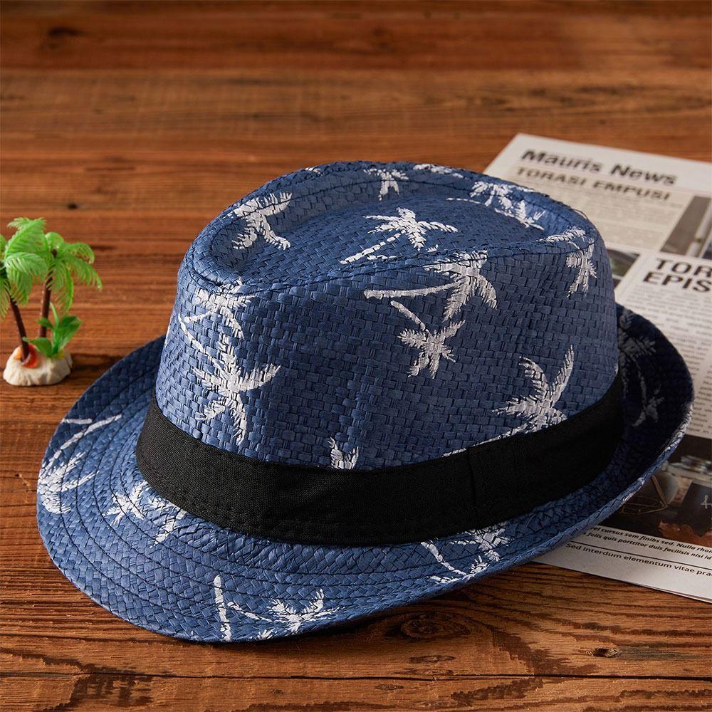 UV Protection Straw Hat Coconut Trees Pattern Jazz Hat Summer Panama Cap  Children Kids