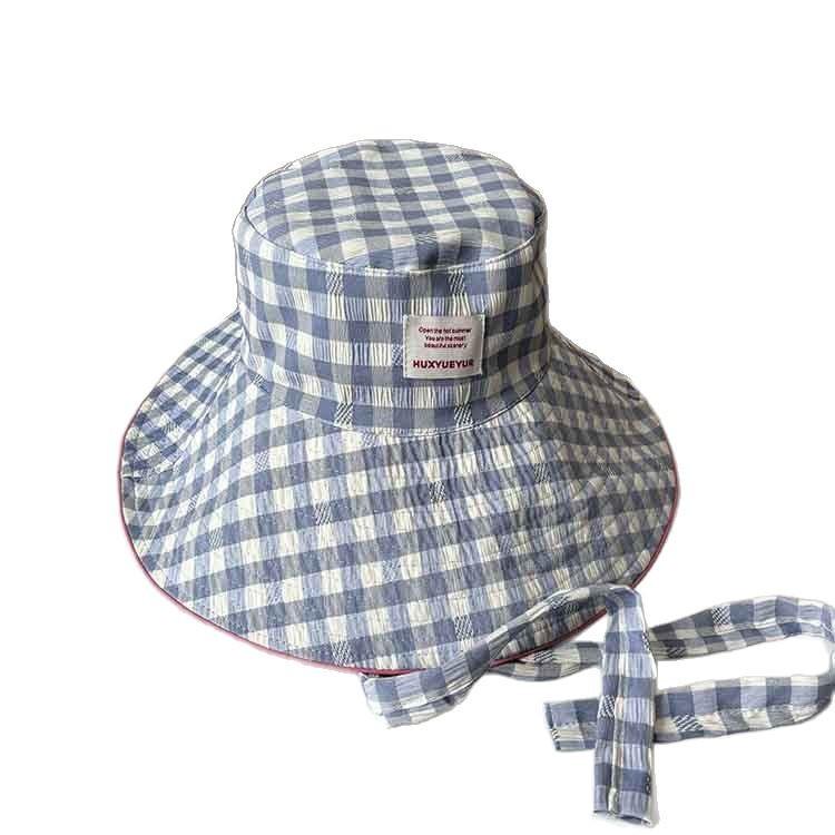 New ins plaid strappy bucket hat women's summer outdoor travel big brim double-sided sun protection visor hat