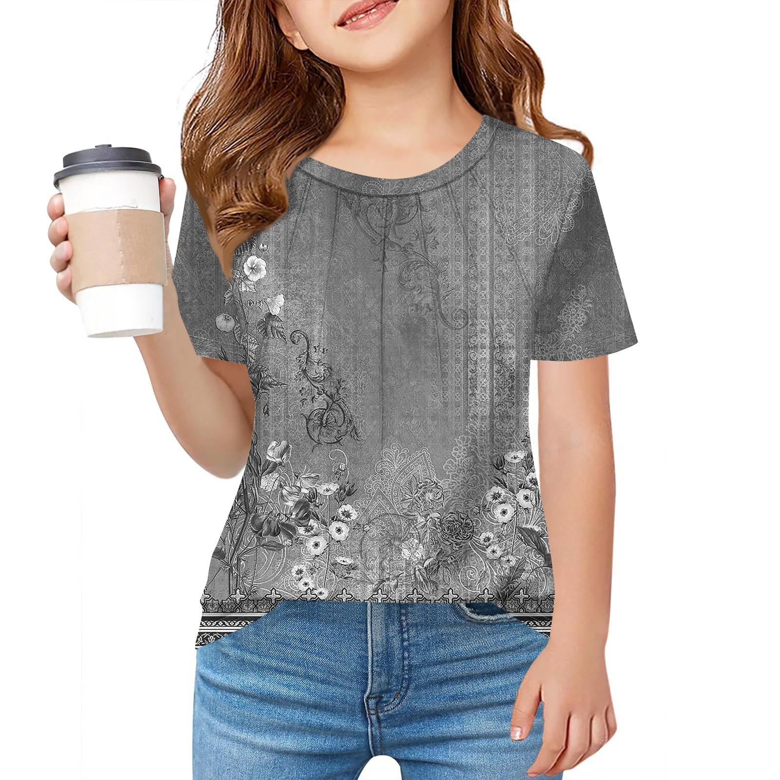 

Детская футболка Fold A для девочек, летняя модная куртка с круглым воротником и цветочным принтом с короткими рукавами 110