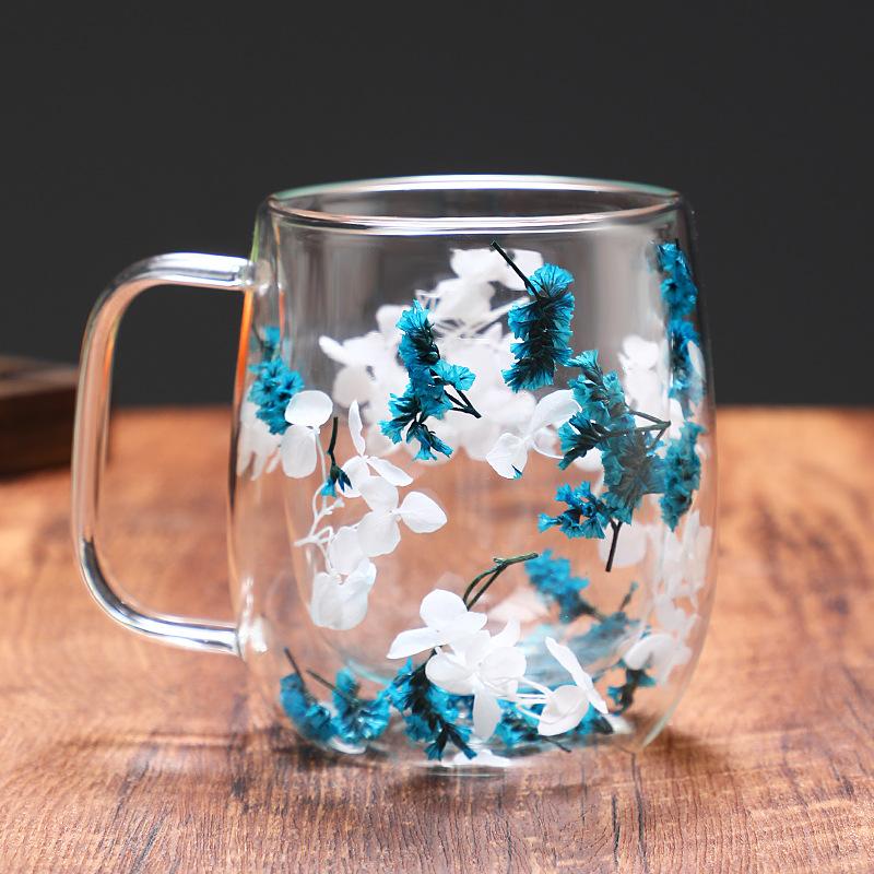 Double Layer Borosilicate Glass Mug with Dried Flower Inside Clear Design for Office Bar Home Coffee Tea Drinkware Gift
