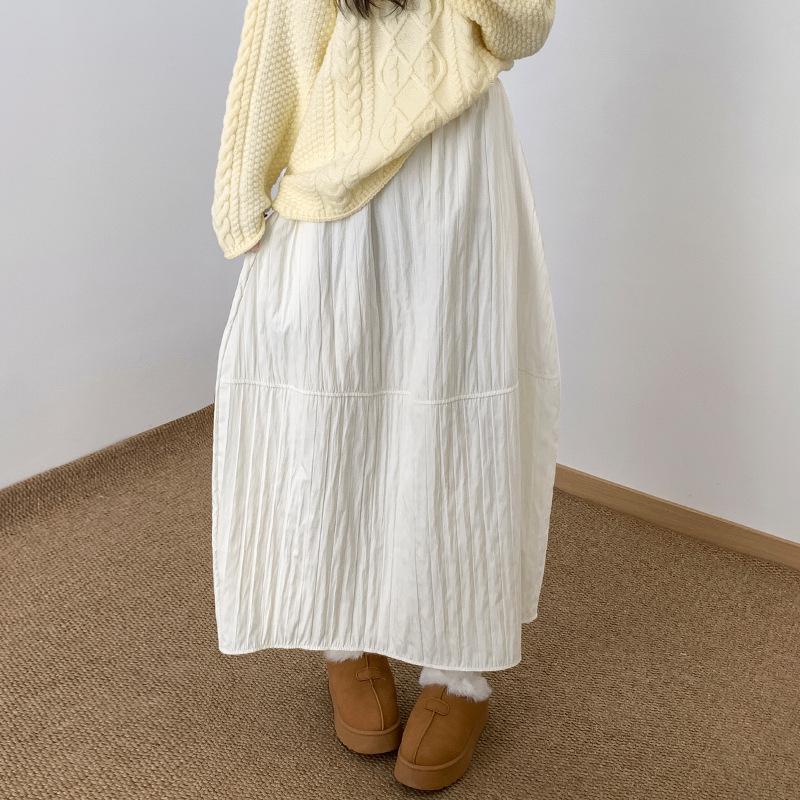 Women's High-Waisted Textured A-Line Mid-Length Skirt - Autumn/Winter Retro Pumpkin Fluffy Design