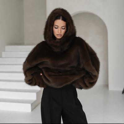 Giacca con Cappuccio Ispessita in Pelliccia Ecologica Casual Cappotto in Pelliccia di Volpe Marrone Top in Pelliccia da Donna Autunno e Inverno