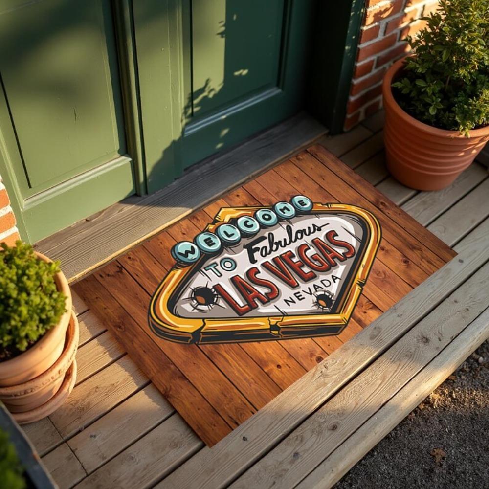 Welcome Door Mat Rug Carpet Las Vegas Neon Sign Wooden Texture Home Decoration for Entryway Patio Welcome Mat Home Floor Mat