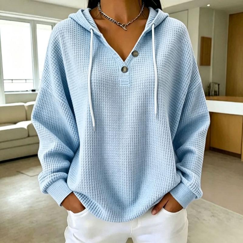 Women S Loose Fit Drawstring Hooded Waffle Knit Sweatshirt