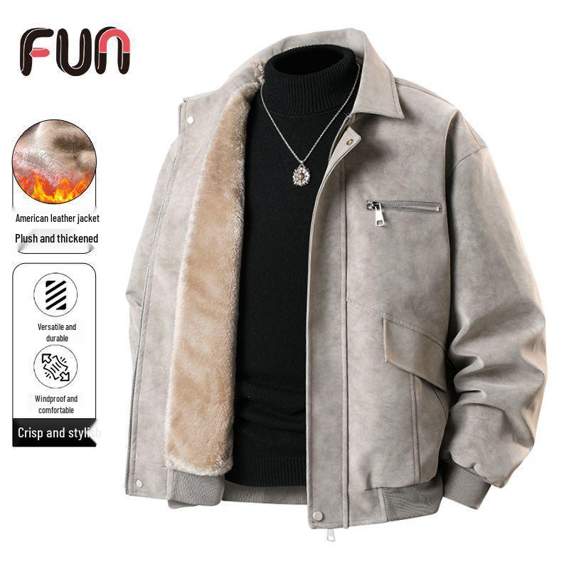 Men's American-Style Winter Leather Jacket with Fleece Lining – Solid, Warm, Windproof, Lapel, Loose Fit, Versatile.