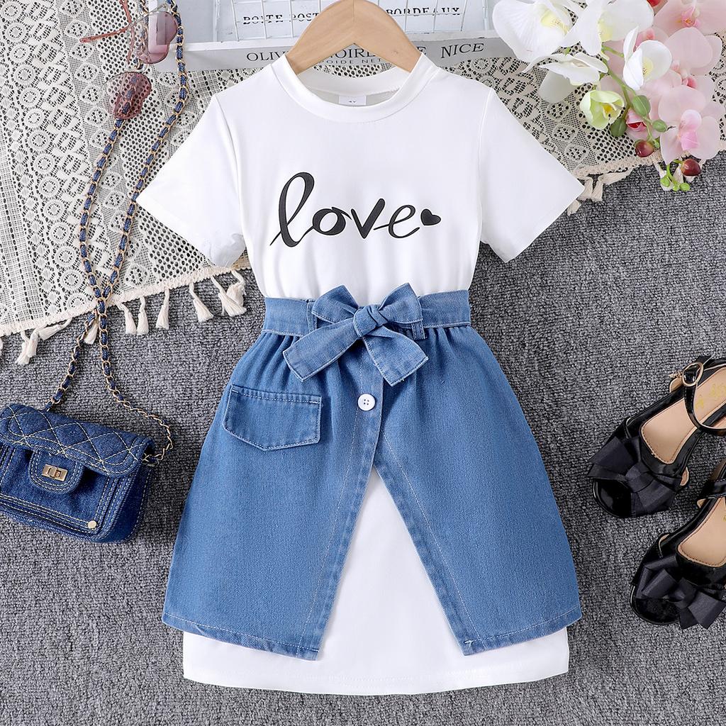 Children's Clothing Baby Casual Sleeveless Bow Trim Top + Fake Pocket Skirt Girl T Shirt Girl Skirt