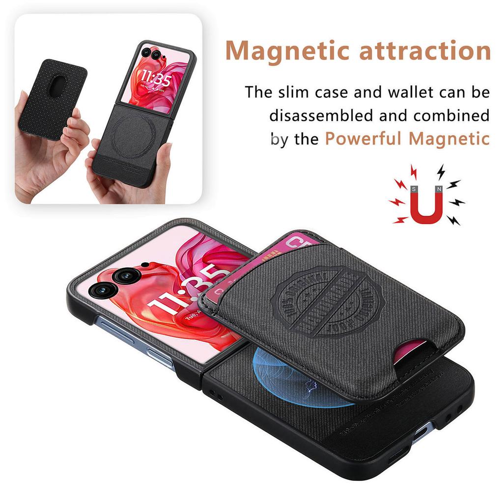 For Motorola Razr 50 Ultra 5G Case with Card Bag Compatible with MagSafe Denim Texture Leather Back Cover