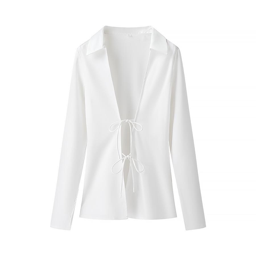 

2025 Spring Women s European & American Deep V-neck Bow Silk Satin Shirt S