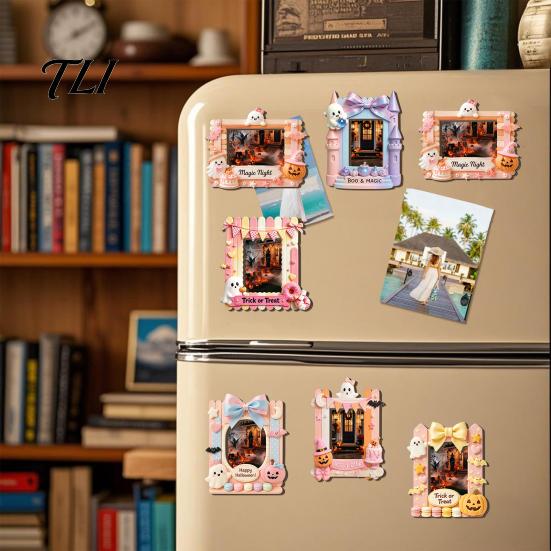 Picture Display Frames Halloween Photo Frame Refrigerator Magnet, Ghost Pumpkin Magnetic Holder Holder, Wooden Decorative for Holiday Party Kitchen