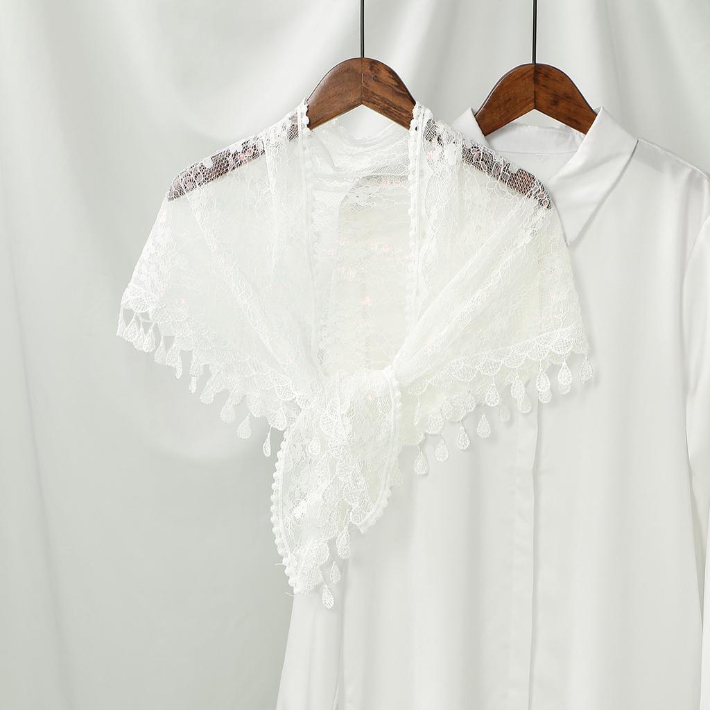 Women Lace Triangle Scarf With Tassel Embroidered Solid Color Shawls Veil Fashion Lightweight Prayer Hijab 160*50Cm