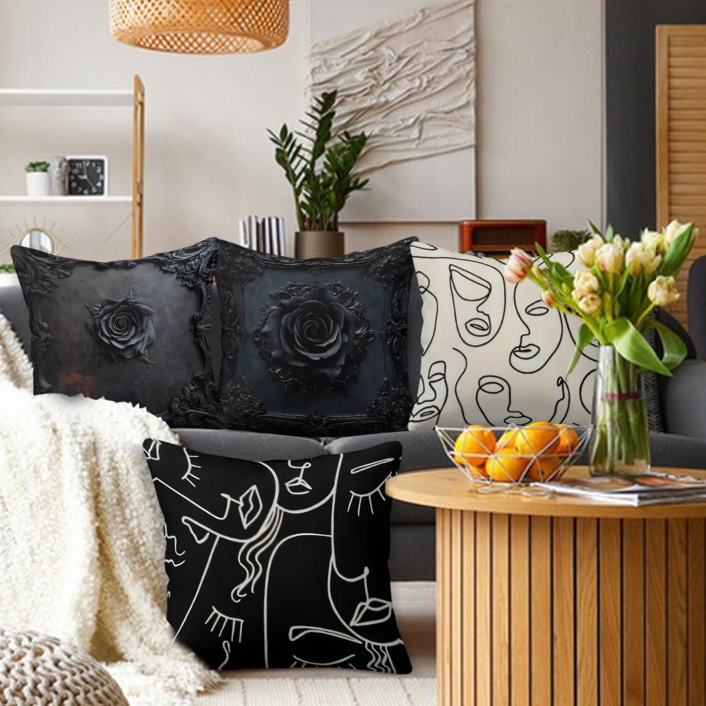 Home Black and White Rose Print Linen Pillow Cover Halloween Sofa Living Room Decoration Cushion Cushion