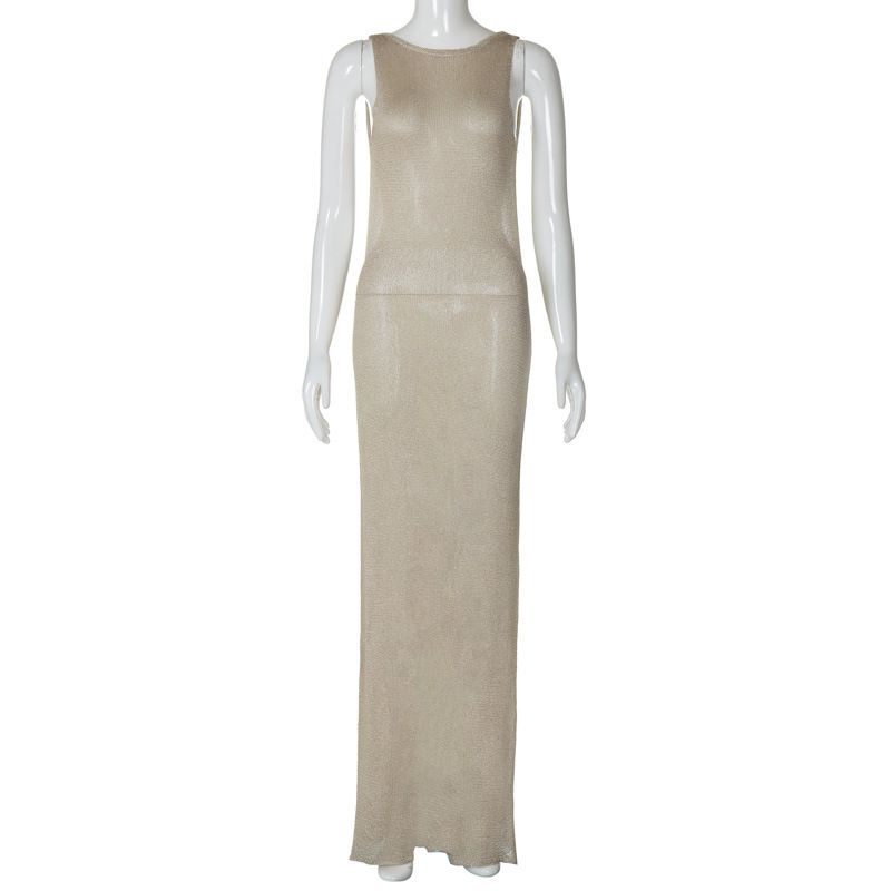 

Woolen Perspective Dress Woolen Sexy Backless See-through Royal Sister Style Long Split Dress Khaki L