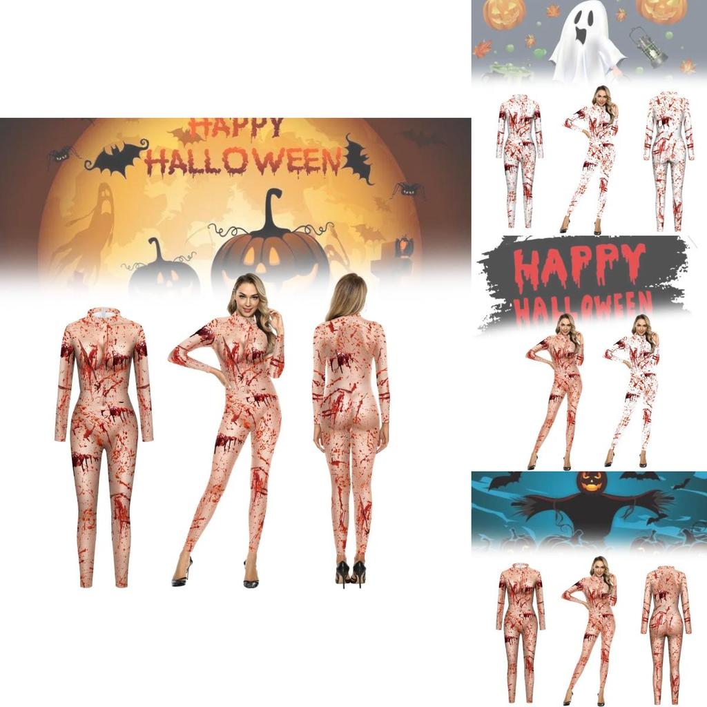 Trendy 2024 European And American Style Women's Halloween Jumpsuit With Bloodstain Digital Print Design