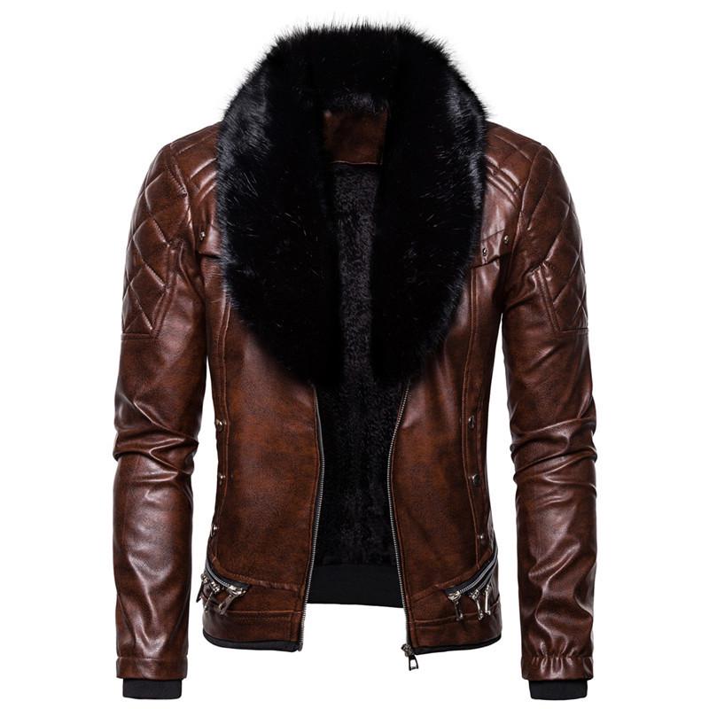 Autumn and Winter New Men's Punk Detachable Fur Collar Rivet Motorcycle Leather Jacket