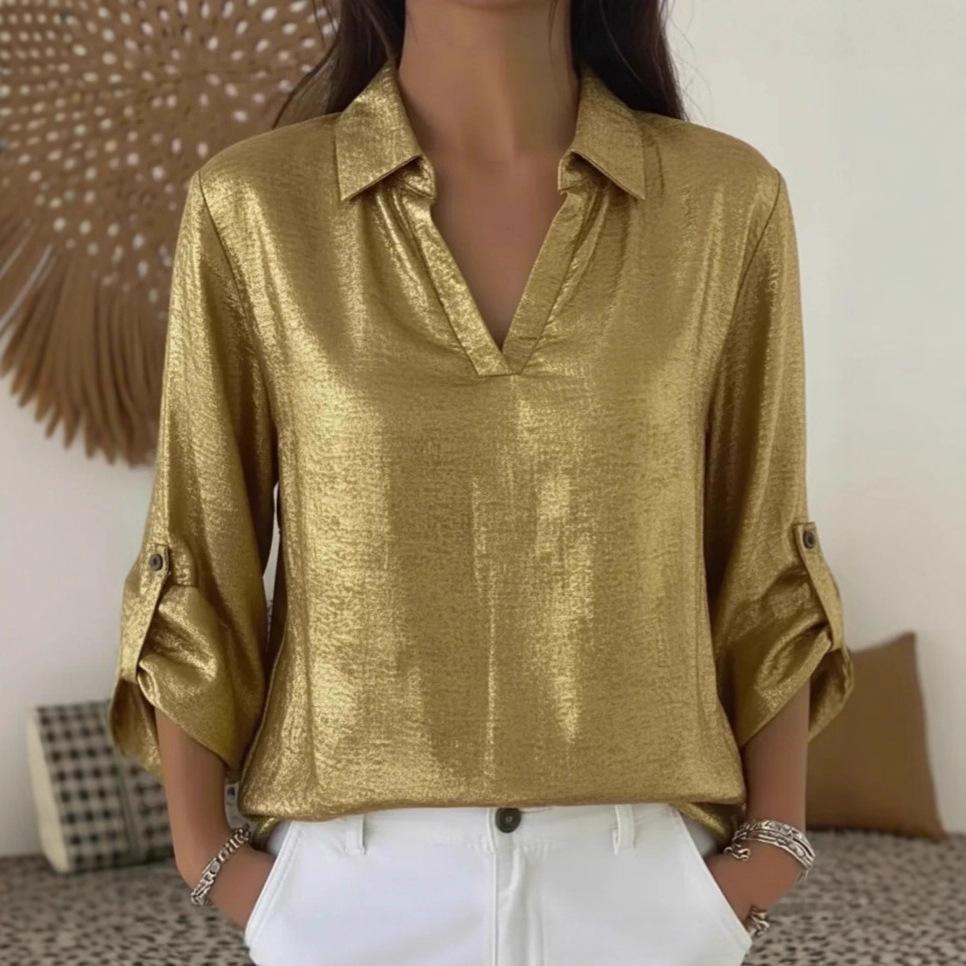 New casual loose women's foil stamped V-neck pocket T-shirt shirt top