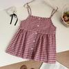 Korean Pastoral Plaid Women's Camisole Vest: Loose, Adjustable, Beautiful Back Design, Buttoned, Versatile Casual Top