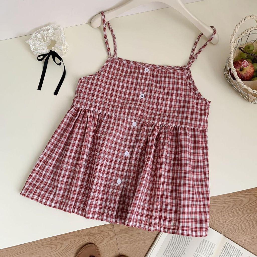 Korean Pastoral Plaid Women's Camisole Vest: Loose, Adjustable, Beautiful Back Design, Buttoned, Versatile Casual Top