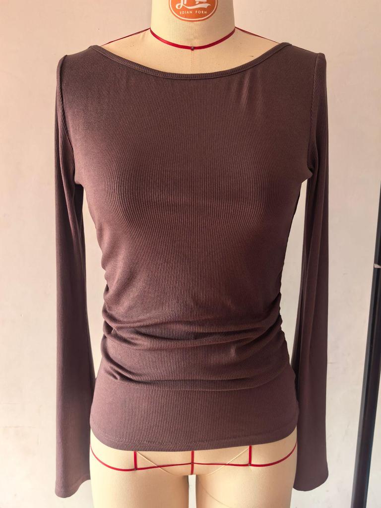 2025 Herbst Slim Fit Damen U-Boot-Ausschnitt Glockenärmel Gerafftes Oberteil - Einfarbig, Langarm