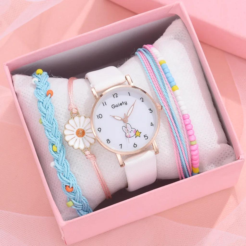 2/5 Adet Kadın Saat Bileklik Seti Deri Sevimli Tavşan Kız Çocuk Kol Saati Moda Bayan Kuvars Saat Reloj Mujer Öğrenci Hediyesi