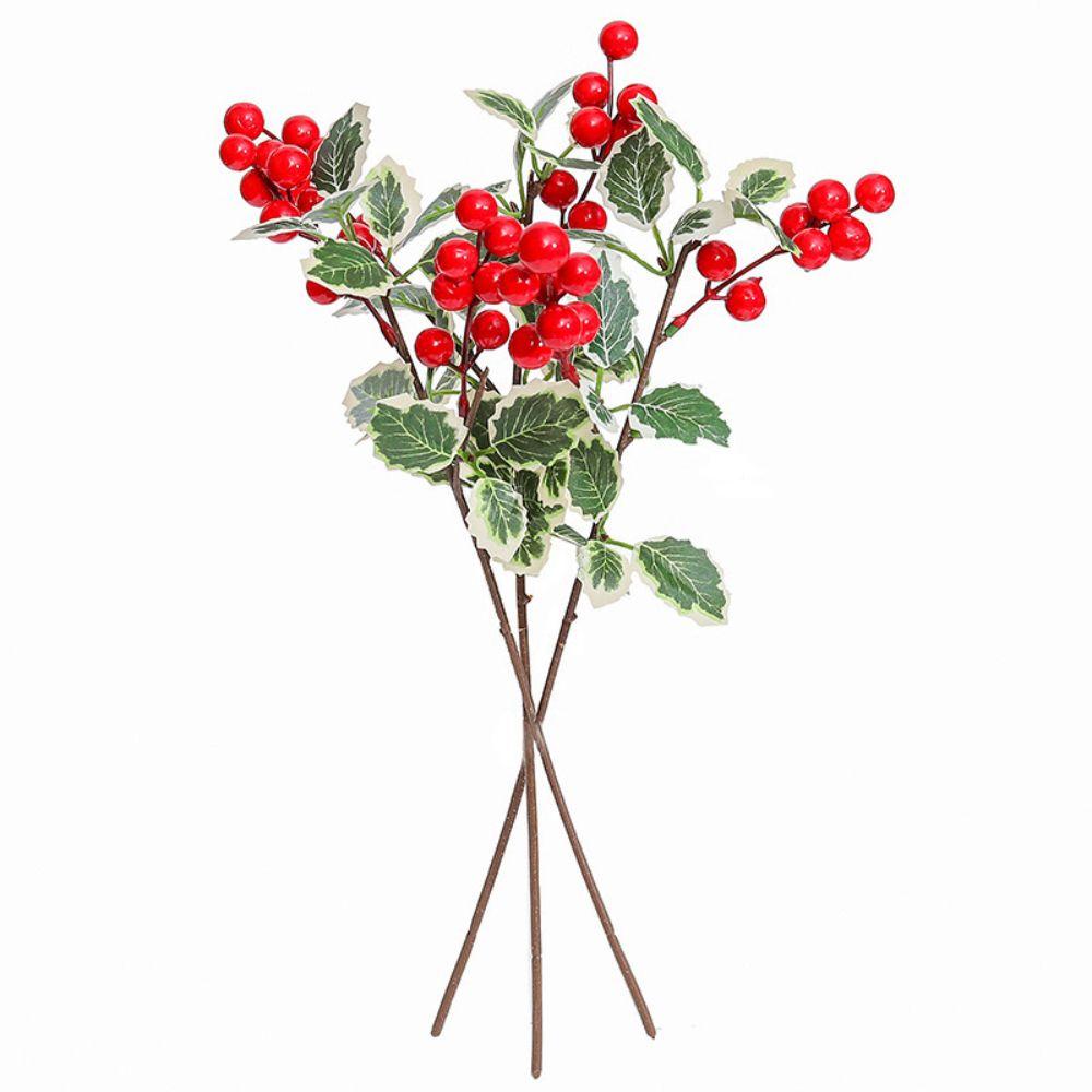 Red Artificial Berry Picks 7 Fork Branch Frosted Green Leaves Holly Berry Branches Christmas Picks Flexible Stem Plastic Berries