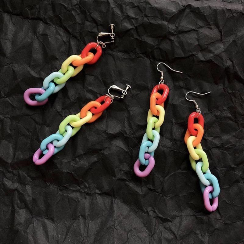 Mode Kette Ohr Haken Frauen Lange Regenbogen Clip Ohrringe Club Schmuck