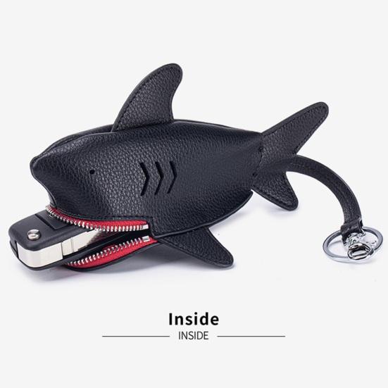 Leather Shark Key Bag Cute Shark Shape Car Key Bag Backpack Charm Shark Pouch with Keyring And Lanyard Zippered Coin Purse