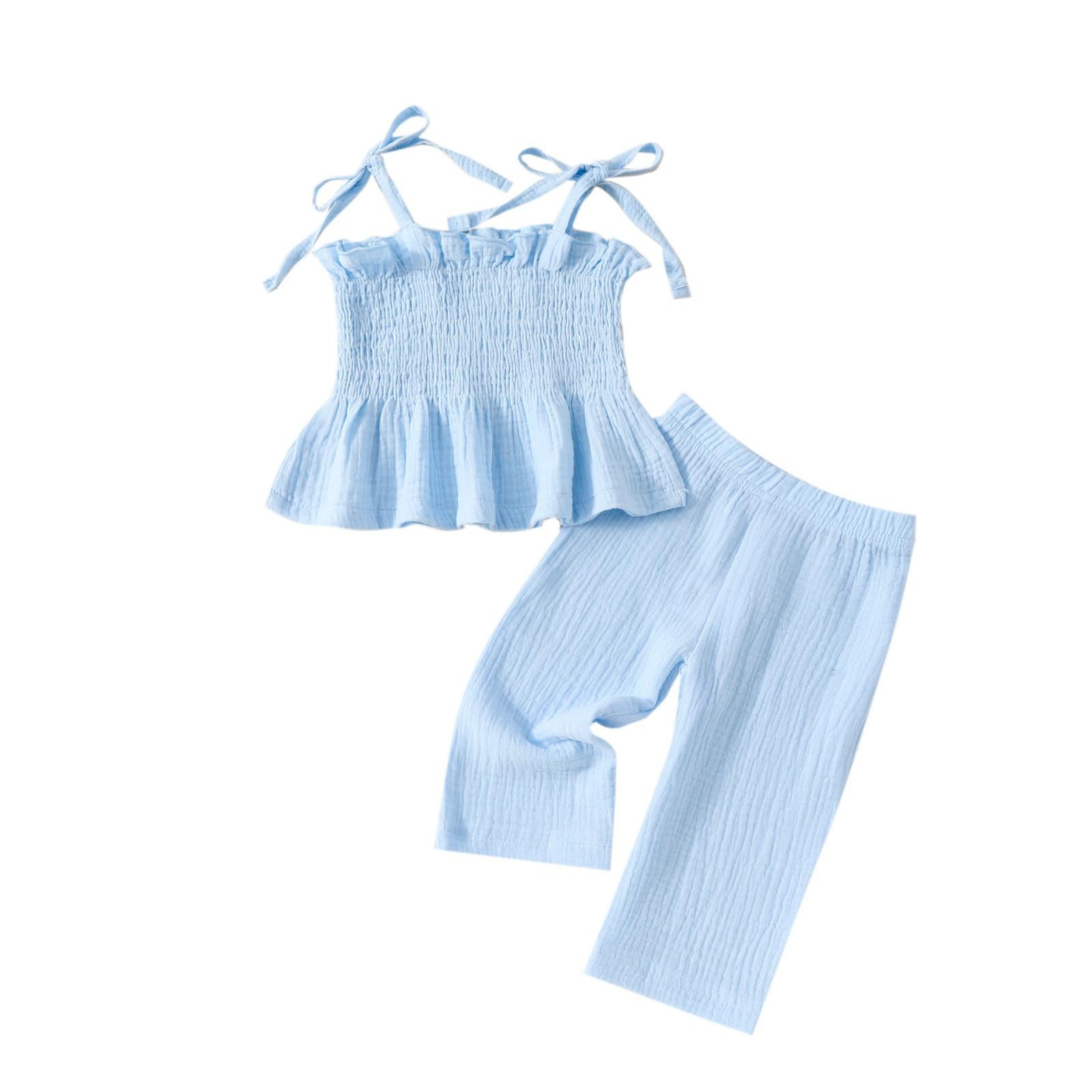 

Летний топ для маленьких девочек, прямые брюки, модный милый однотонный костюм 100