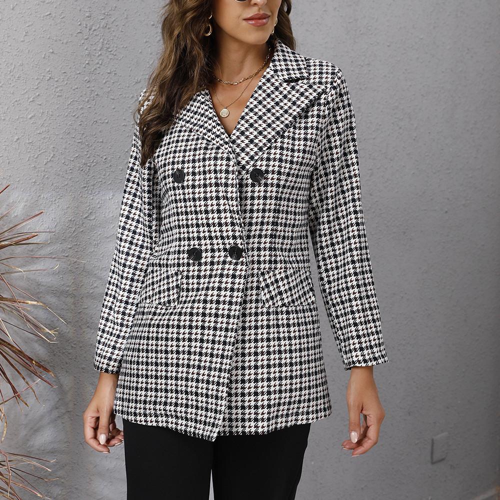 QICED Women's Vintage Casual Plaid Print Autumn Winter Long Sleeve POLO Neck Jackets & Coats