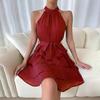 Autumn Winter Women Sleeveless High Waist A-Line Dress Solid Color Halter Casual Knee-Length Ruffled Edges