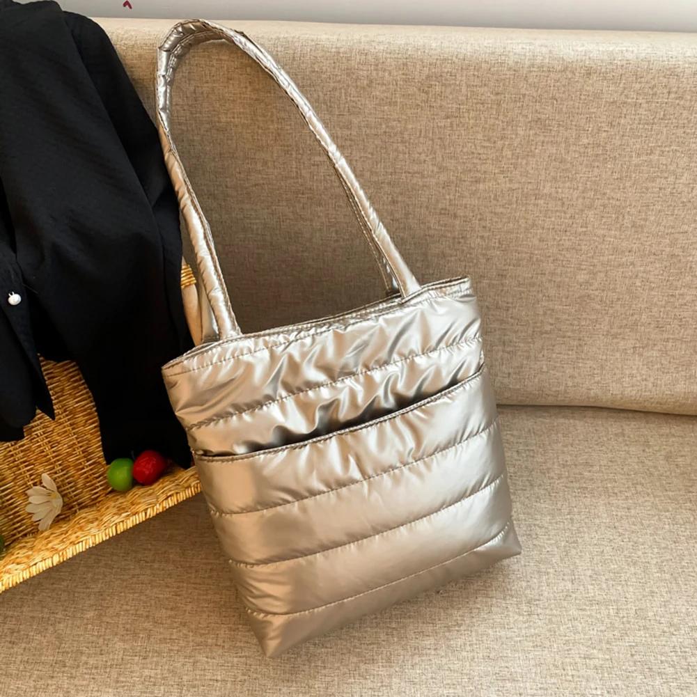 Women Padded Tote Bag Versatile Solid Puffer Bag Big Capacity Quilted Shoulder Bag Casual Winter Commuting Bag