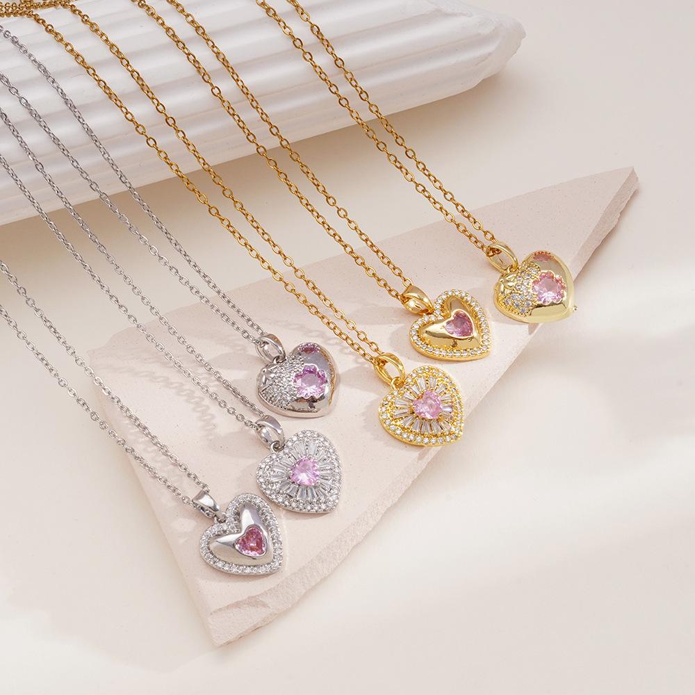 Romantic Pink Zircon Love Heart Pendant Necklace for Women Girls Stainless Steel Chain Luxury Sweet Collar Jewelry Gifts