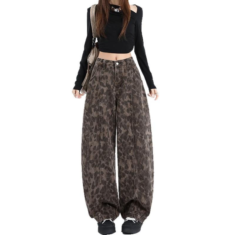 American retro leopard print scimitar jeans women's spring and summer new design sense loose and thin straight wide-leg pants