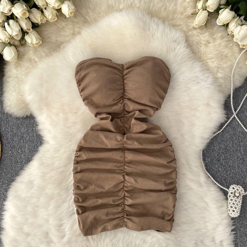 Tube top dress female pure desire sweet hottie sexy hip skirt tight pleated short skirt wholesale