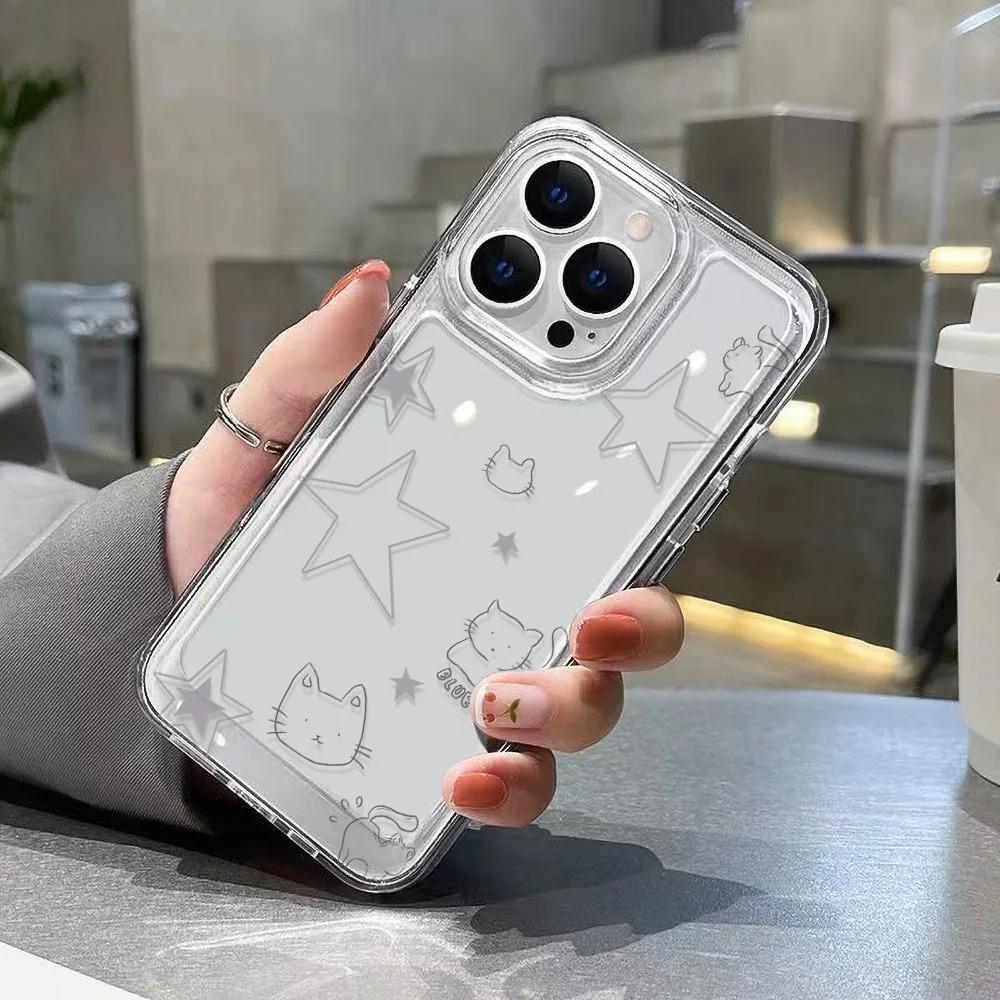 Line Art Cat and Star Pattern Phone Case for iPhone 17 16 15 14 13 12 11 16E Series Pro Max Plus Double Layer Protection