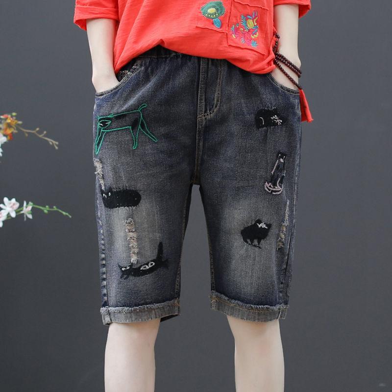 Women's New Summer Cowboy Shorts Thin Loose Slim Versatile Elastic Waist Straight Leg Pants