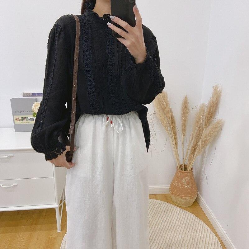 Vintage Linen Ruffle Collar Hollow Out Women Blouses Spring Autumn Loose Patchwork Lace Tie Women Shirts