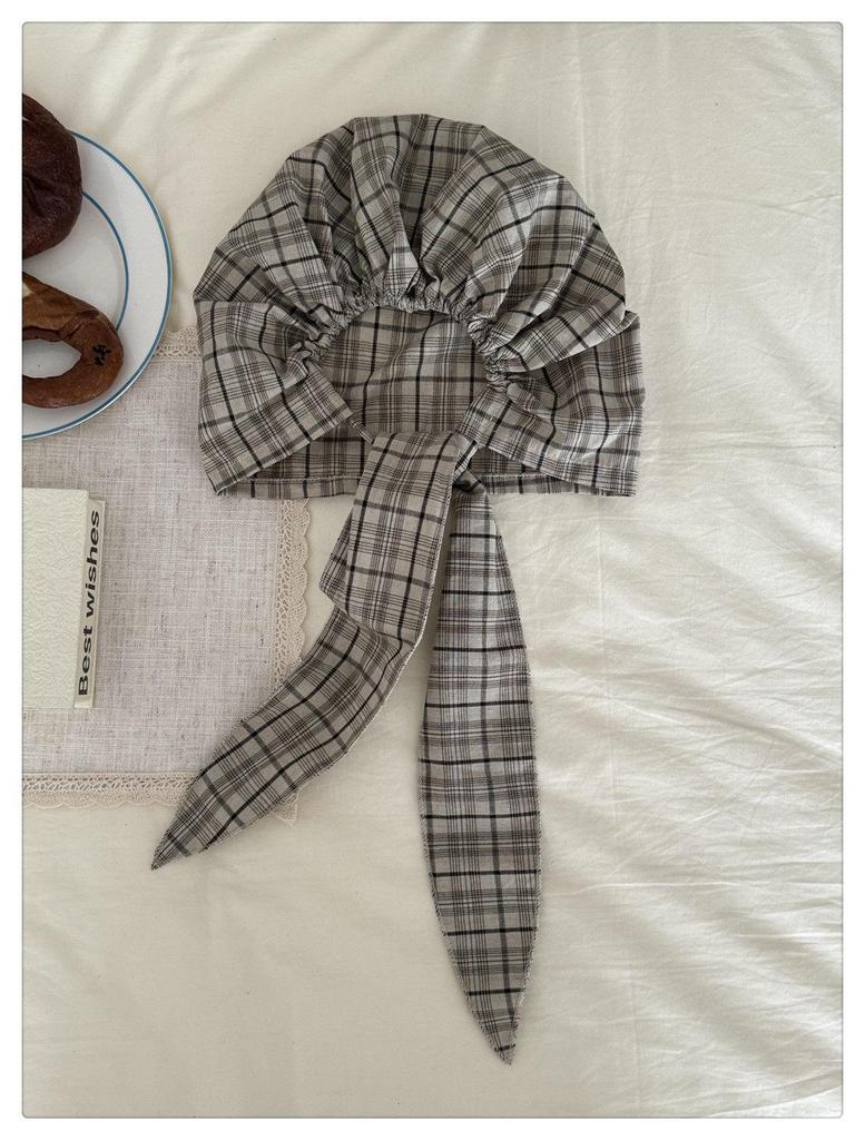Japanese Plaid Tie-Up Headband Beanie for Women: Spring/Summer Fashionable Versatile Design