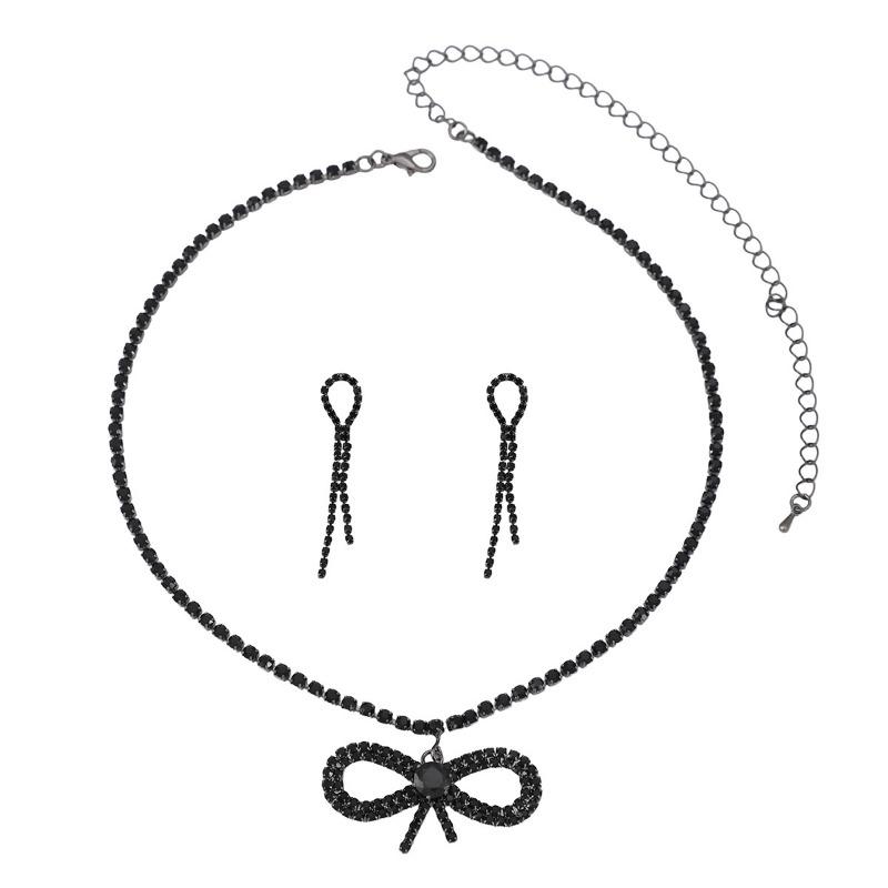 Bow Rhinestone Fringed Necklace Earrings Women's Two-piece Set, Wedding Temperament Noble and Elegant Collarbone