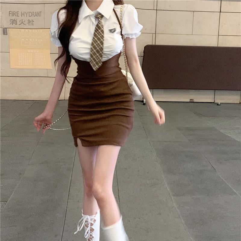 Summer Academy Style Small Strap Skirt Waist Sweet Spice Girl Short Skirt Chic Skirt Fake Two-piece Dress Women's Clothing