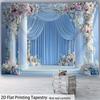 Blue Floral Wedding Tapestry, Curtain Column Background Cloth, Romantic Party Backdrop